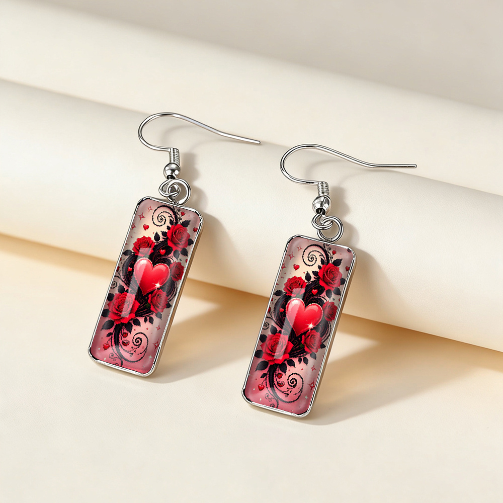 Exquisite Red Rose Heart-shaped Rectangular Earrings